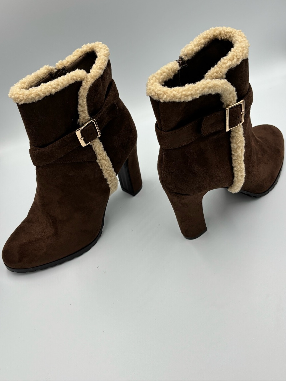 IMPO Oralia Womens 8.5M Brown Faux Suede Shearling Trim Block Heel Ankle Boots